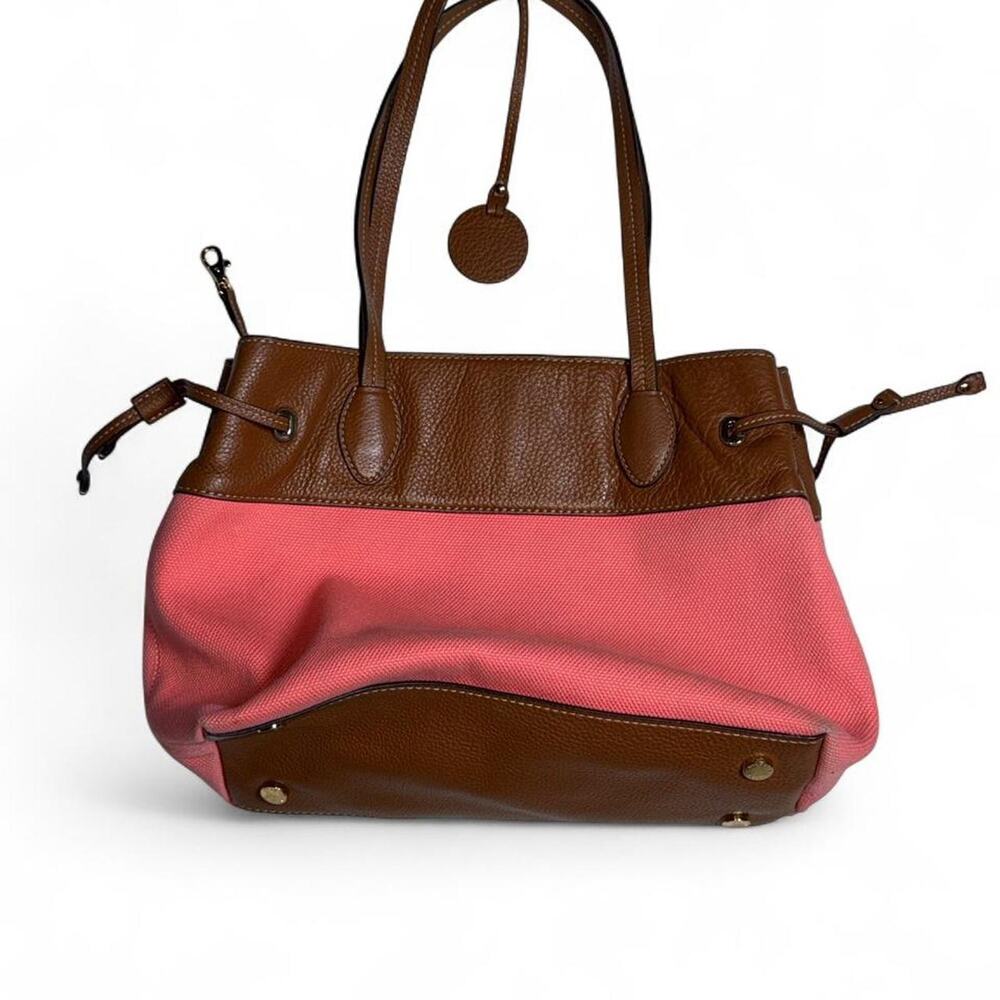 Women’s Michael Kors Marina E/W Drawstring Tote in Pink Canvas/Brown Leather - Picture 2 of 6